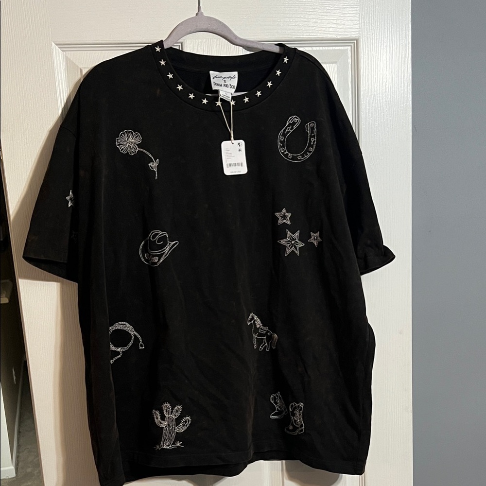 Free People Black Short Sleeve Tee with White Western Accents